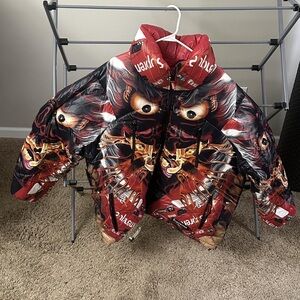 Supreme Kids Graphic Puffer Jacket in Red and Black